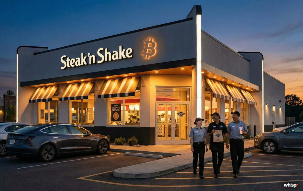 De la hamburguesa al Bitcoin: Steak ‘n Shake transforma salarios y tesorería en cripto Steak ‘n Shake pagará con Bitcoin a sus empleados · WHISPR