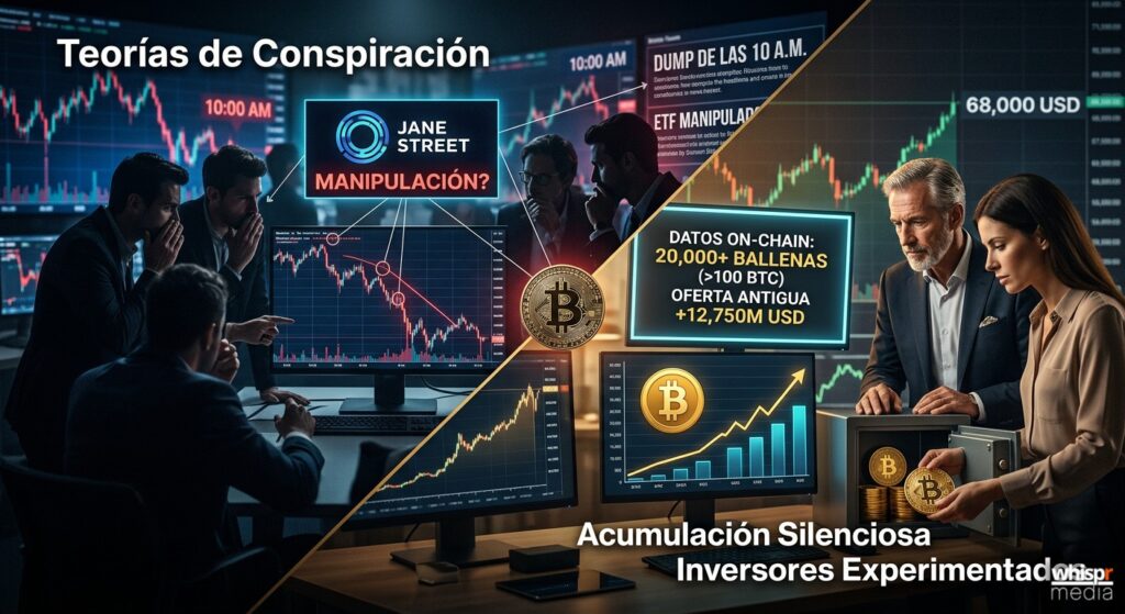 Bitcoin se recupera entre teorías de conspiración y la acumulación silenciosa de los inversores experimentados Bitcoin y las teorías de conspiración con Jane Street · WHISPR