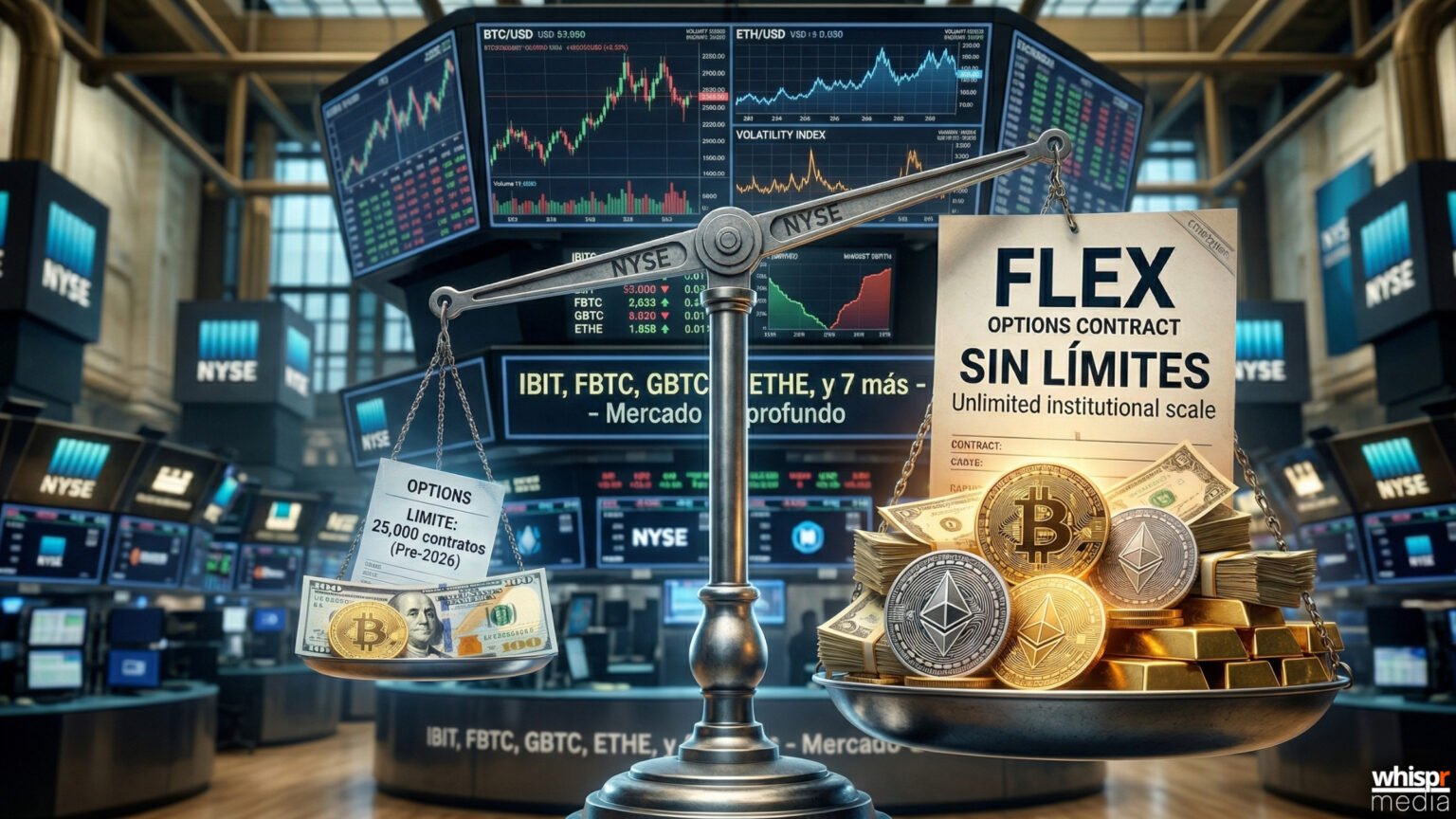 NYSE elimina los límites en opciones de ETF de Bitcoin y Ethereum y abre la puerta a los grandes inversores NYSE quita los límites en opciones de ETF de Bitcoin · WHISPR